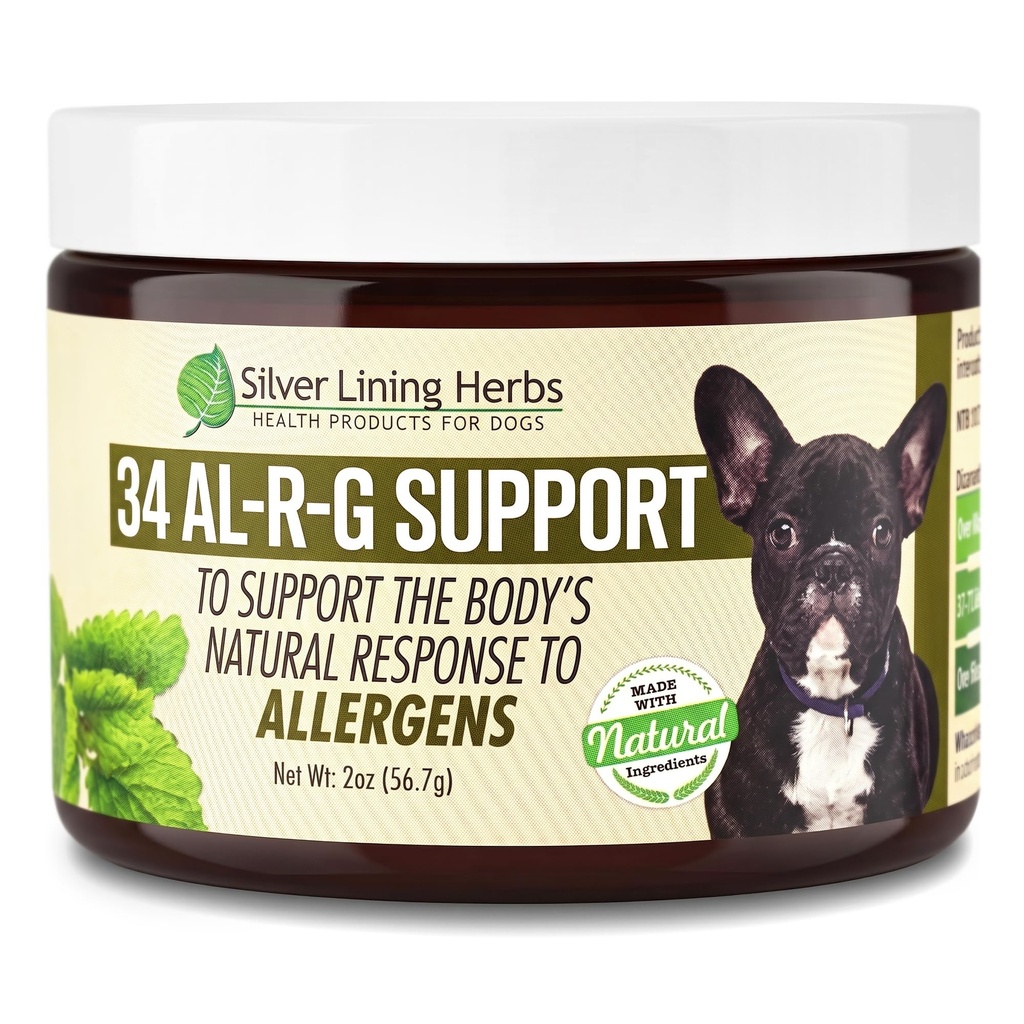 Silver Lining Herbs 34 Canine Al-R-G - 개를위한 초본 알레르기 보충 - 개를위한 자연 알레르기 지원 - 개의 건강, 정상 및 알레르기에 대한 자연적 반응을 밀어 - 2 Ounce Jar