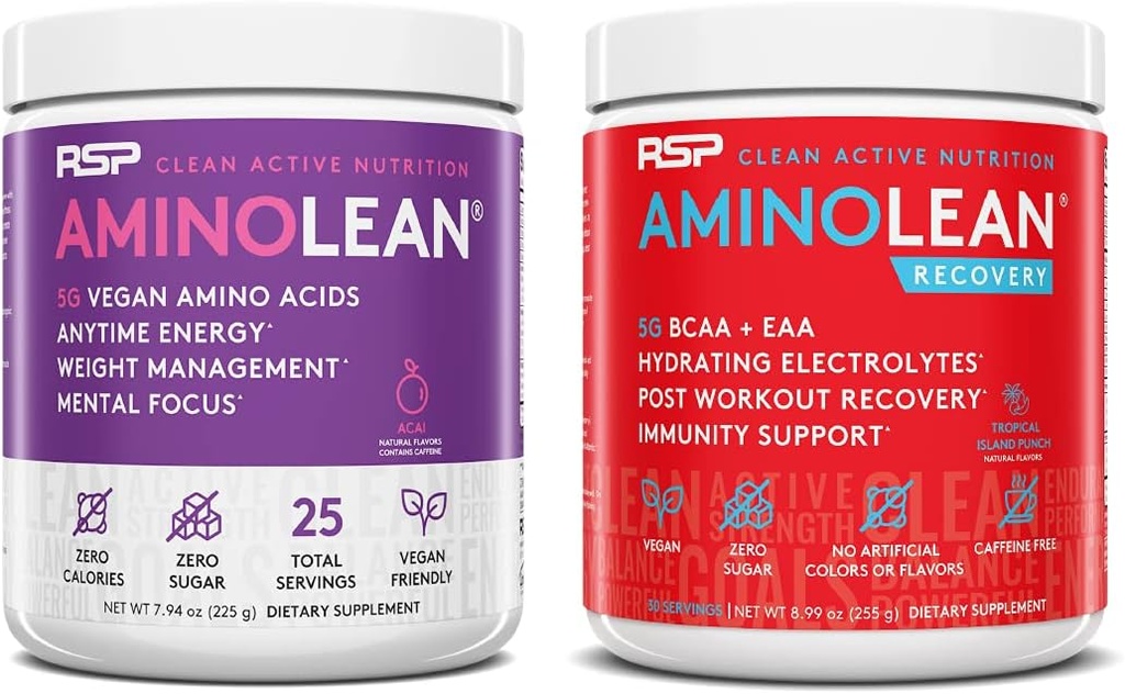 RSP NUTRITION Vegan AminoLean Pre Workout Energy (Acai 25 서빙) AminoLean Recovery Post Workout Boost (Tropical Island Punch 30 서빙)