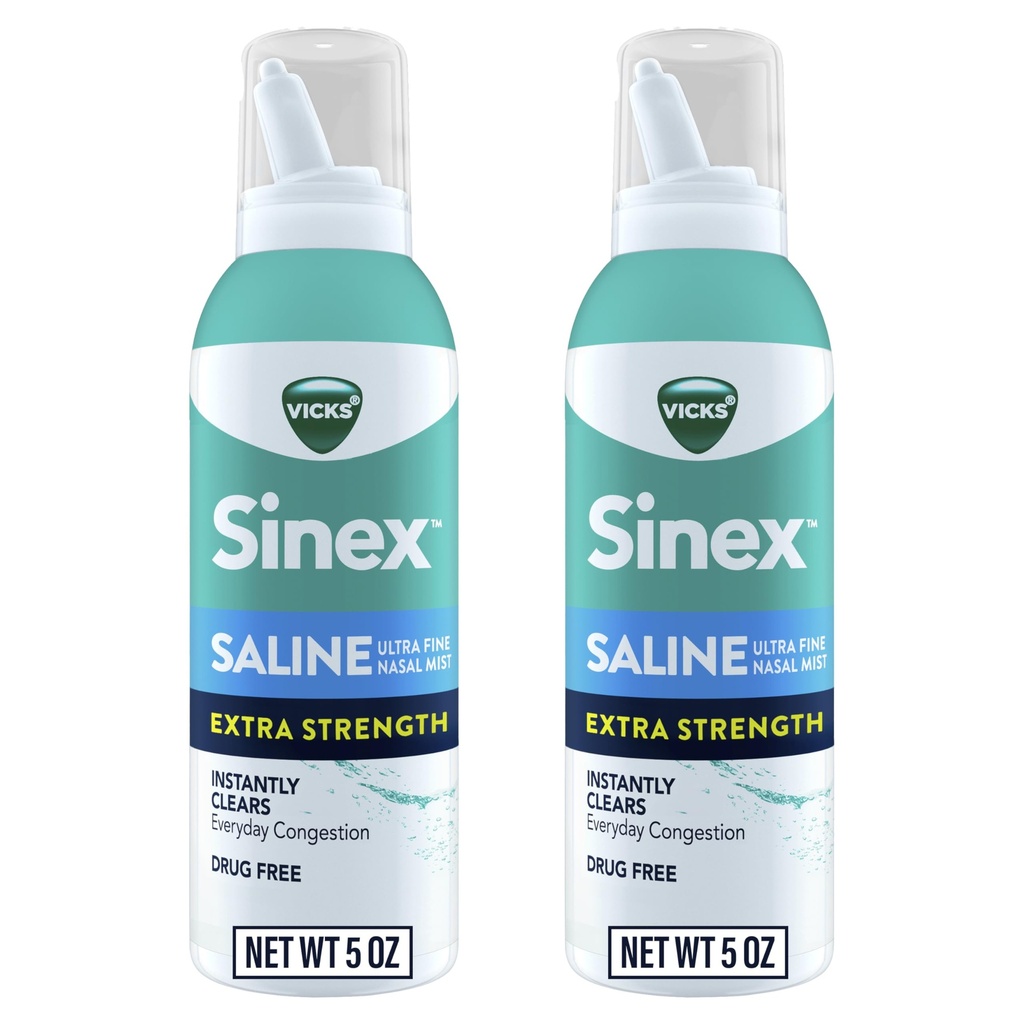 VICKS Sinex Saline 여분 힘 Nasal 살포, 3X Concentrated* 약 자유로운 매우 정밀한 안개, 즉시 Clear Congestion에 집중된 Mucus, 매일 사용을 위한 안전, 5개 OZ x 2를 위한 매우 집중하는