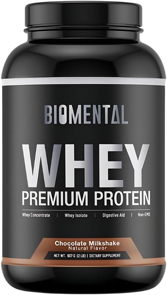 Biomental Chocolate Whey Protein Powder - 근육 성장 및 회복을위한 풍부한 맛 - 프리미엄 피트니스 영양 보충 - 제로 인공 향료 및 감미료 - 단백질 보충 2 파운드