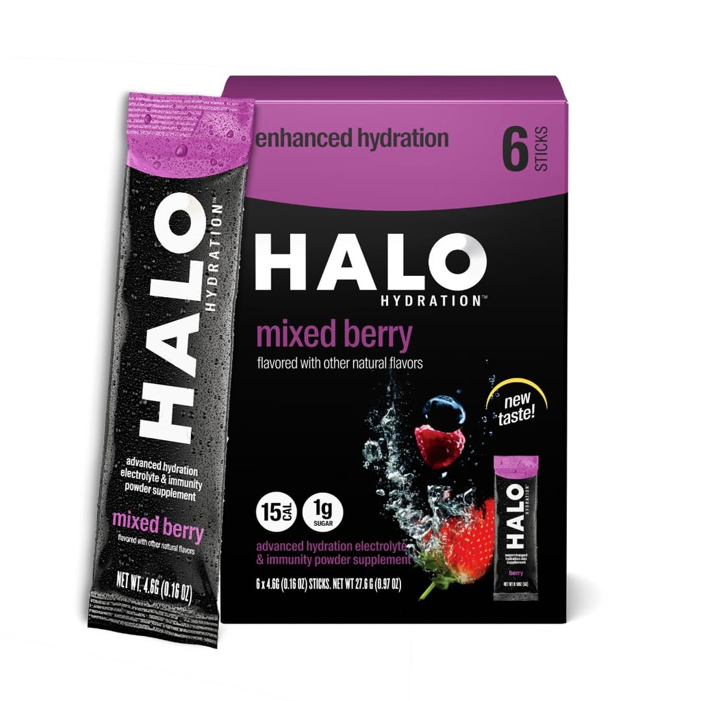 HALO Hydration - 전자 음료 믹스 | Hydration Powder Packets | 베리 맛 – 스포츠 및 사이클링| Easy Open Single Serving Stick | 6 Stick