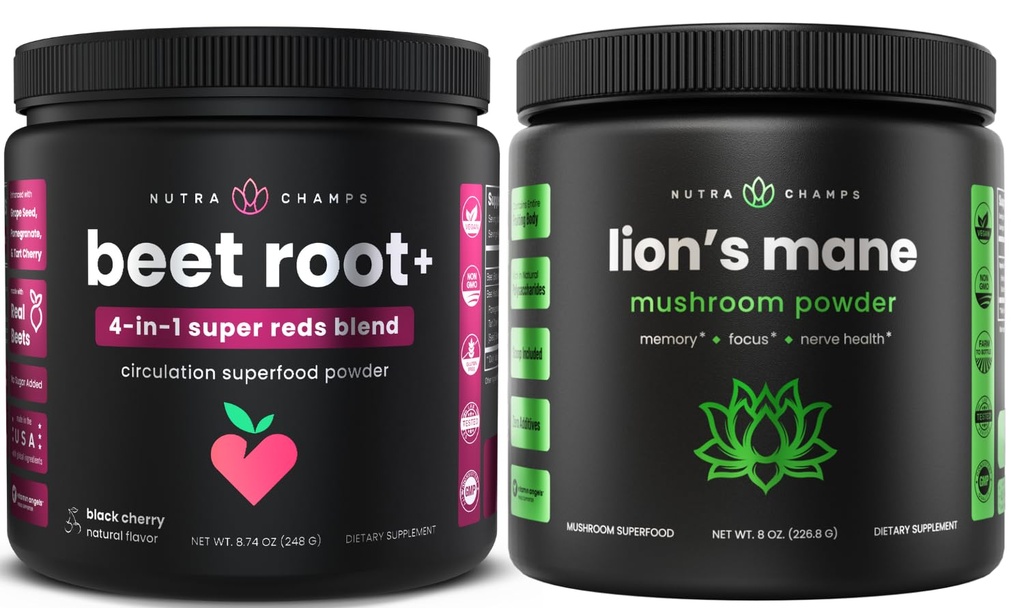 NutraChamps Beet 뿌리 분말 & 사자 Mane 분말. 강력한 순환 & Adaptogen 혼합