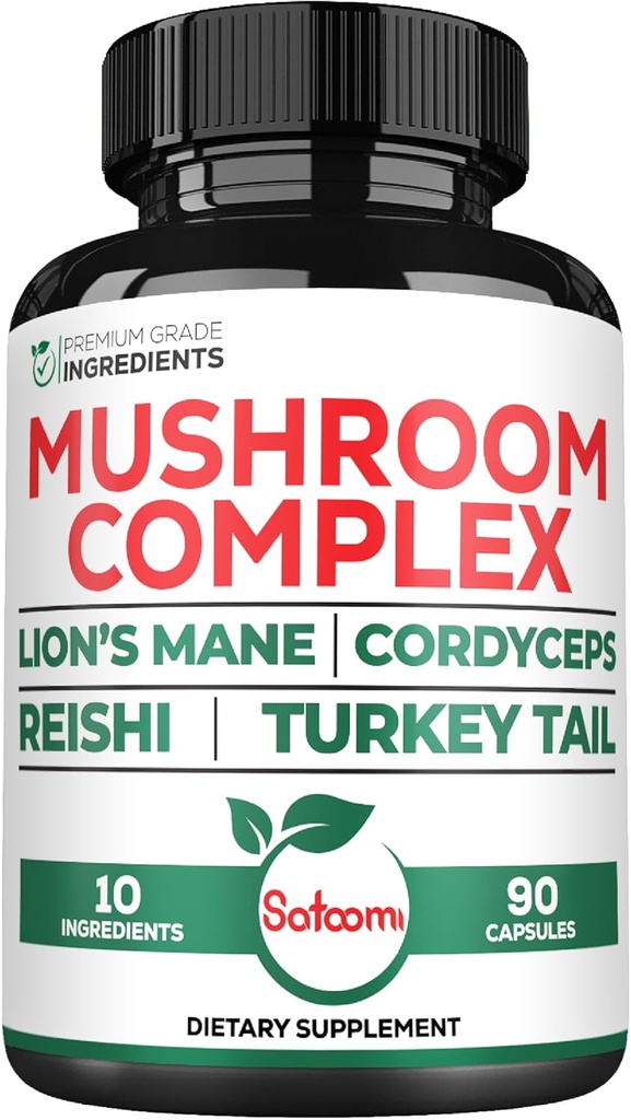 Satoomi 10in1 Lions Mane Supplement Complex - Cordyceps Sinensis, Reishi Mushroom, 터키 꼬리 버섯 및 기타와 혼합 - 3 개월 동안 90 카운트