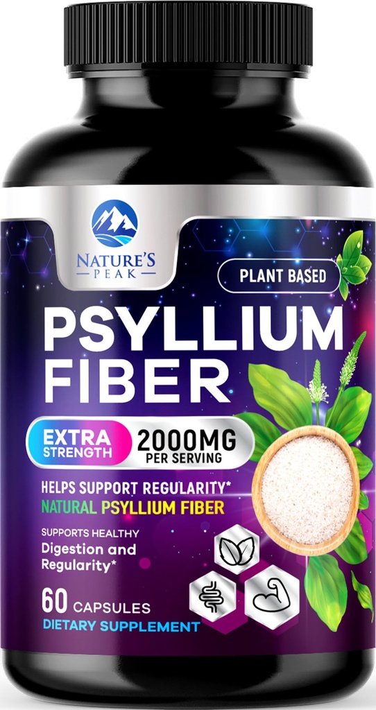 Psyllium Husk 섬유 보충교재 1500mg - Vegan Prebiotic의 매일 소화 건강 & 일정성 지원을 위한 녹는 섬유, 자연적인 Psyllium 분말 모자, 설탕 자유로운, 비 GMO & 글루텐 자유로운 - 60의 캡슐