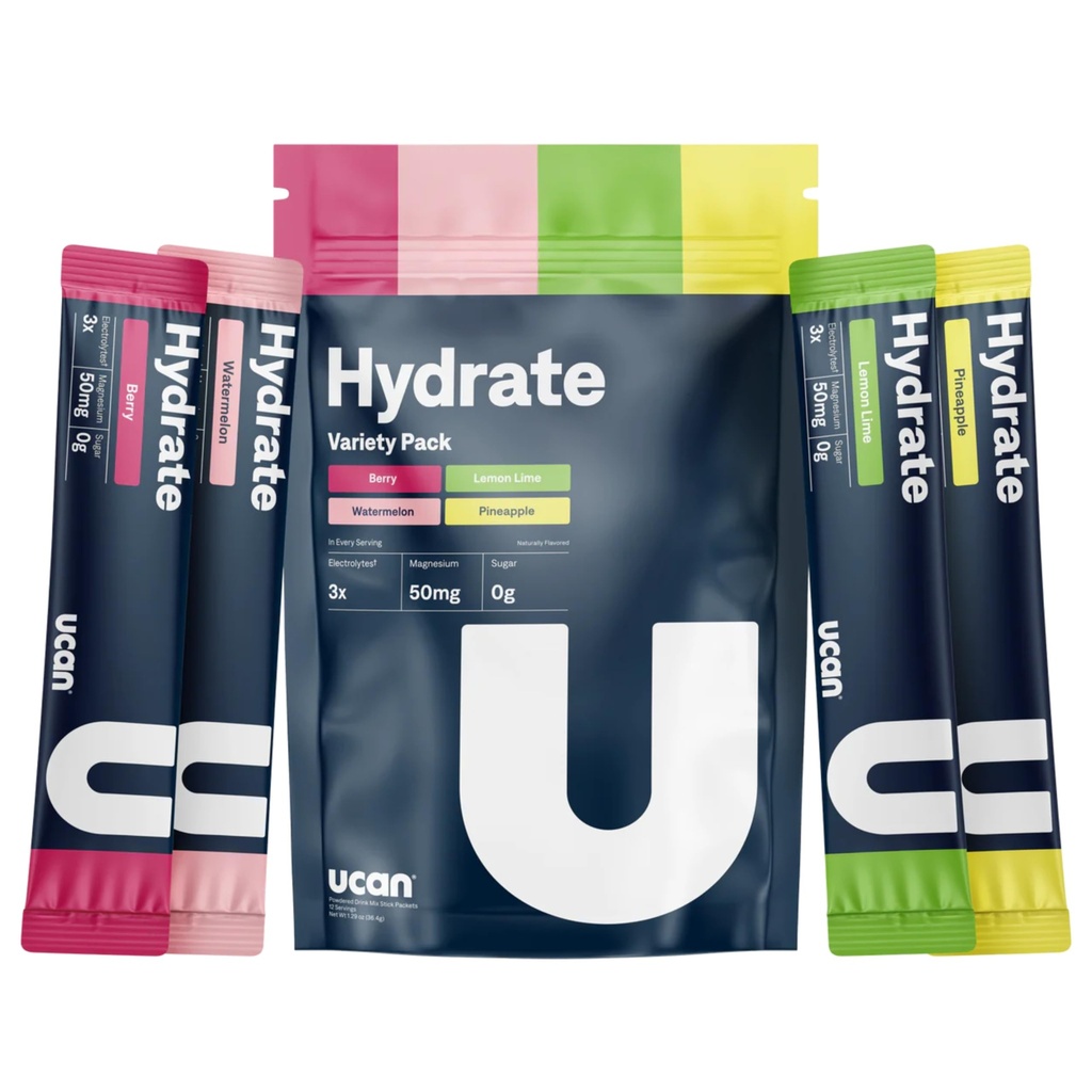 UCAN Hydrate Electrolyte 음료 혼합 (Variety Pack, 12 Stickpacks) Sugar-Free, Keto-Friendly, Vegan, Non-GMO, Gluten-Free Electrolyte Powder with Potassium & Magnesium for Runners & Athletes