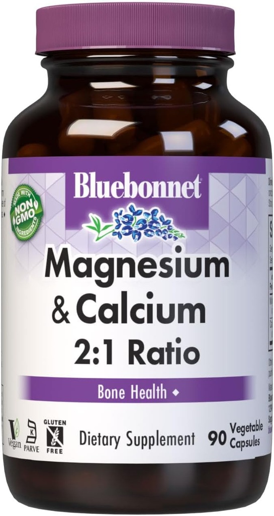 Bluebonnet 영양 마그네슘 & 칼슘 2 : 1 비율, 뼈 건강 *, 비 GMO, 비건, 코셔 인증, 글루텐 프리, 소이 프리, Dairy-Free, 90 야채 캡슐, 30 서빙
