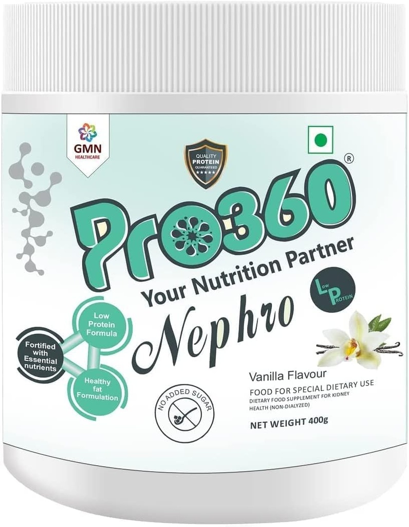 AZAZ Pro360 Nephro LP - 비 Dialysis 관리 영양 단백질 음료 (Vanilla Flavour) 추가 설탕 없음, Kidney / Renal 건강을위한 특별 다이어트 보충, 400 Gm