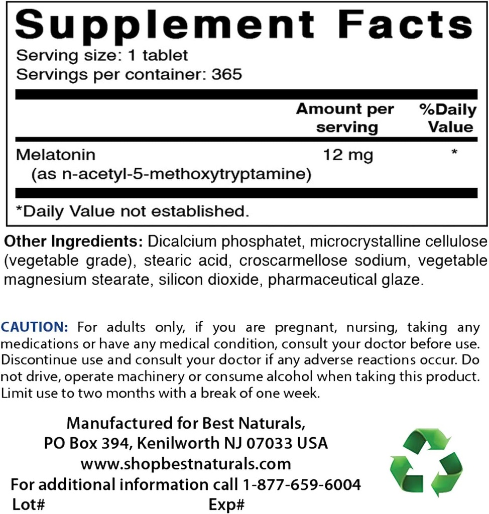 최고의 자연 Melatonin 12 mg & Biotin 10,000 Mcg