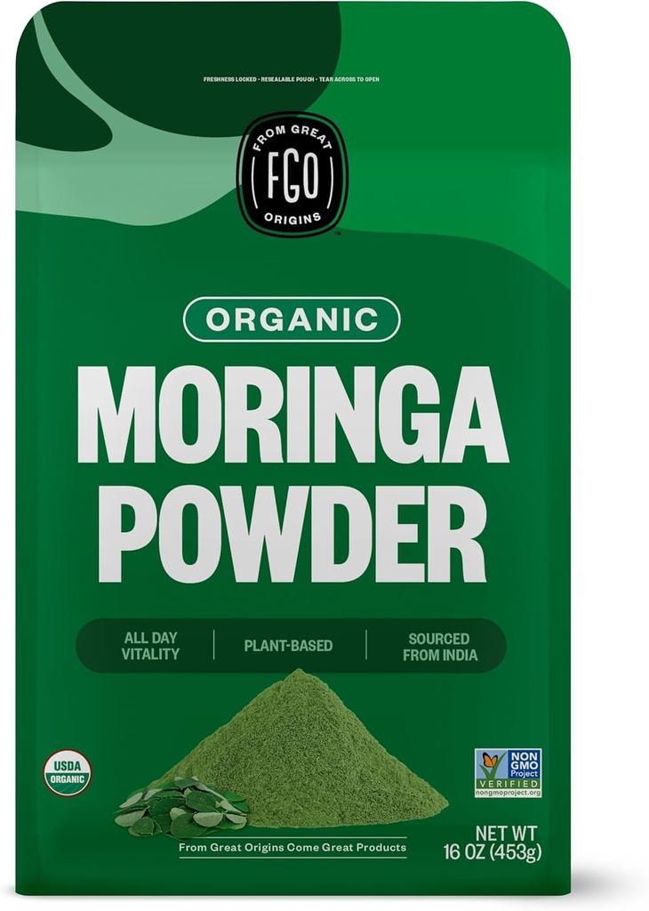 FGO 유기 Moringa Oleifera 잎 분말, 16oz 대량 Resealable 주머니, 인도에서 sourced, 비 GMO, 포장 May Vary (1의 포장)