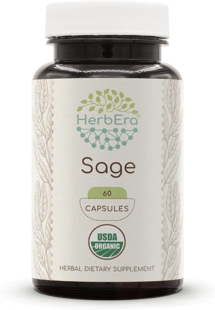 HerbEra Sage 60 캡슐, 500 mg, USDA 유기 Sage (Salvia officinalis)에 의하여 말린 잎 (60의 캡슐)