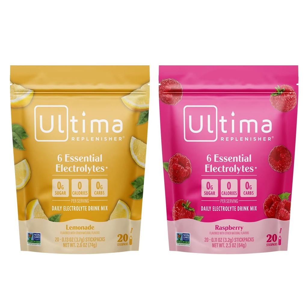 Ultima Replenisher Electrolyte Powder Drink Mix Bundle - Sugar Free - Lemonade 및 Raspberry, 20 Stickpacks - 6 Electrolytes 및 Minerals - Keto Friendly, Vegan, Non-GMO를 사용해보십시오.