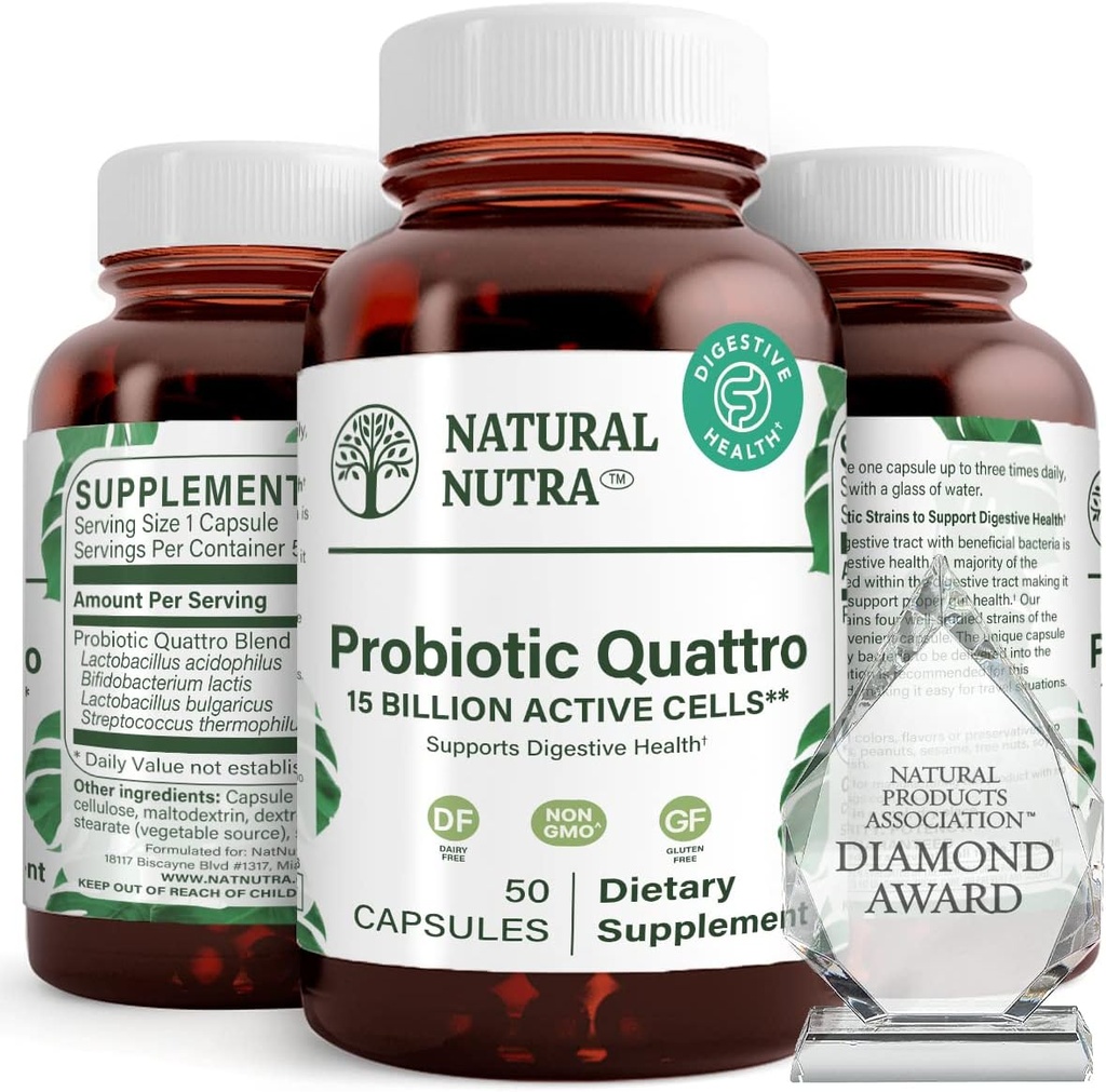 Natural Nutra Probiotic Quattro – Lactobacillus Acidophilus, Bifidus를 포함한 4 가지 강력한 Strains와 고급 Probiotic 보충 – 소화 및 면역 건강 지원 – 50 채식 캡슐