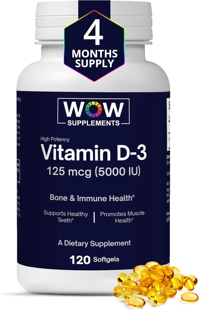 WOW 보충 비타민 D3 5000 IU Softgels, 125 mcg - 강한 뼈와 면역 지원을 위한 비타민 D3 5000IU 보충교재 - 비 GMO, 글루텐 자유로운 비타민 D 5000 IU - VIT D3 5000 IU Softgels - 120 조사