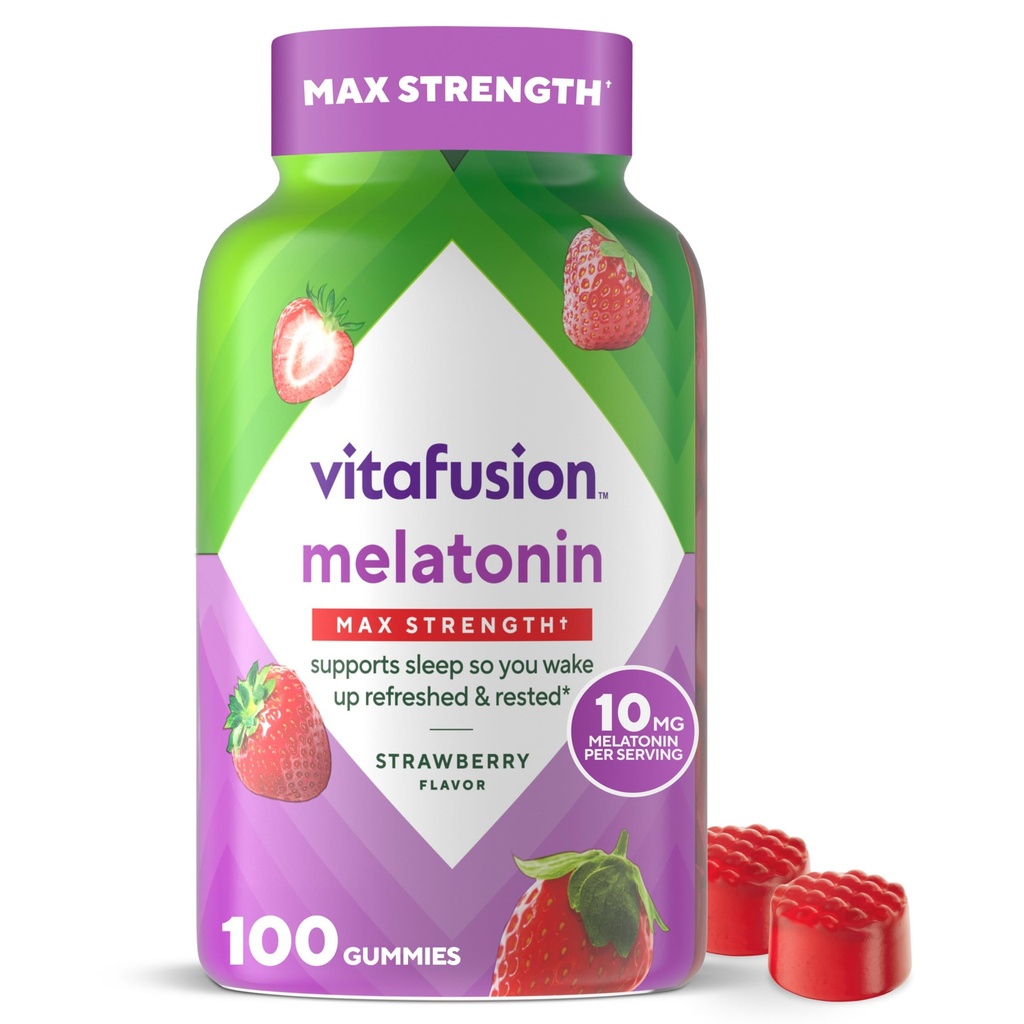 vitafusion 최대 힘 10 mg Melatonin Gummies, 딸기 맛, 성인 Melatonin Gummy 비타민 보충교재, 100개의 조사, 50 일 공급