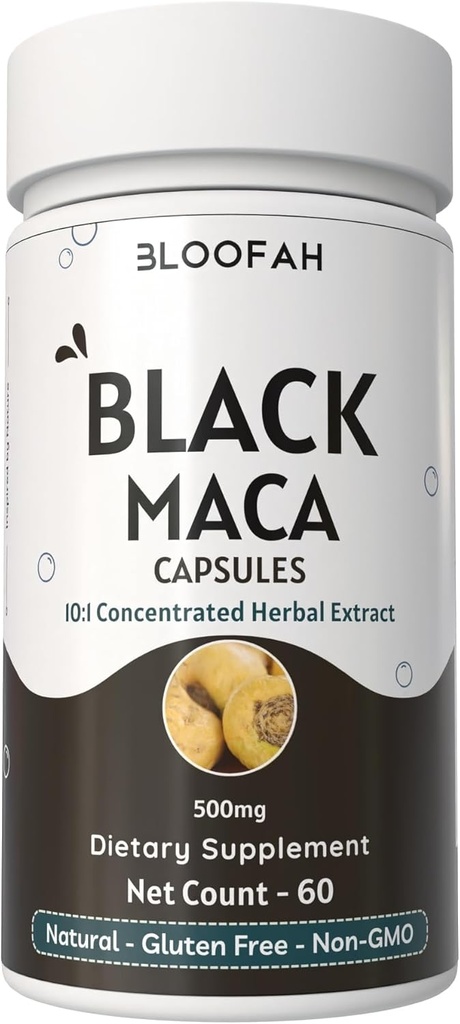 블랙 마카 캡슐 500mg | 10:1 추출물 분말 | 농축 허브 보충 | Non-GMO, Gluten-Free, Maca Root Extract | 프리미엄 초본 영양 (60 개)