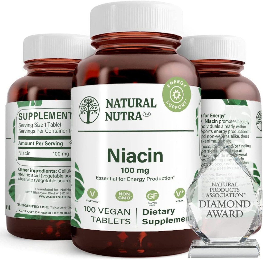 에너지를위한 자연 Nutra Niacin 보충, 몸 지방을 유지, 소화 개선, 피부 건강을 촉진, 부스트 에너지 및 뇌 기능, 비 GMO, 글루텐 - 무료, 100 mg, 100 정제 (팩 2)