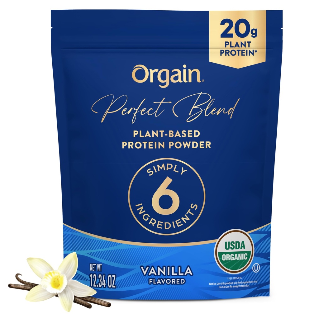 Orgain Organic Vegan Perfect Blend Protein Powder, 20g Clean Plant Protein, 6 성분, <1g Sugar, Gluten Free, Non-GMO; 인공 향료, 스테비아 추출물, 낙농장 또는 콩 성분 - 바닐라 없음