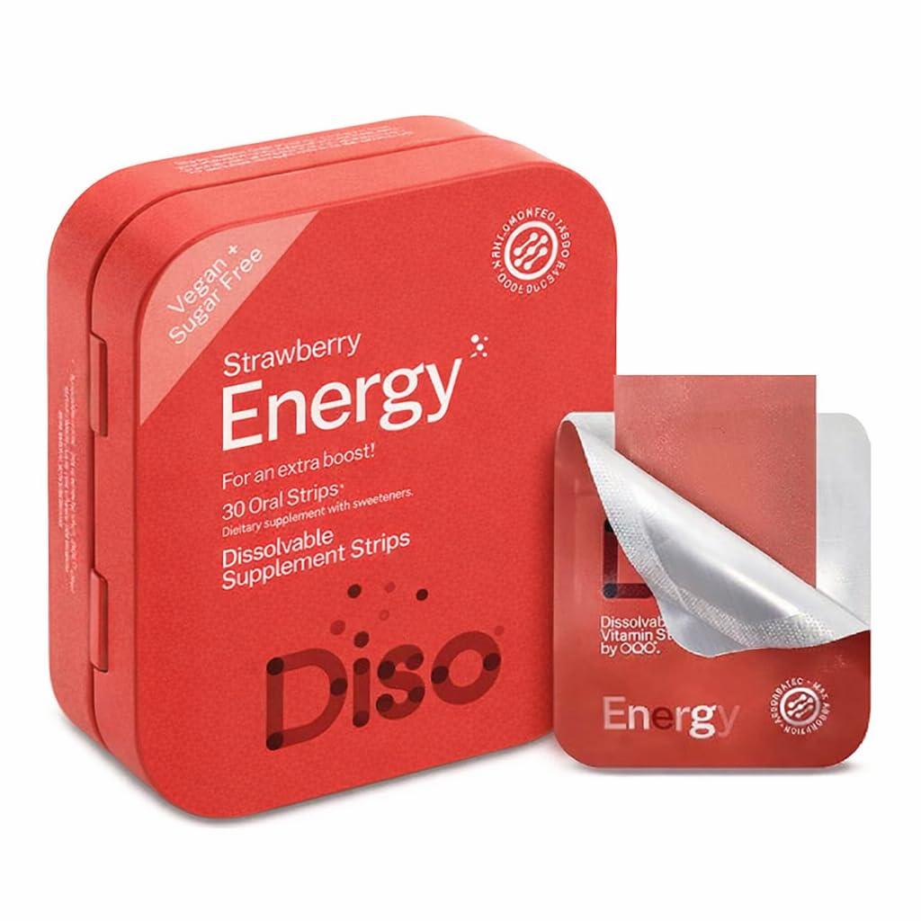 DISO - 에너지 - 비타민, 딸기 맛, 채식, 설탕 무료, 높은 흡수, 글루텐 무료, 개별적으로 감싸는, 30의 Dissolvable 지구를 가진 빠른 용해 카페인 지구