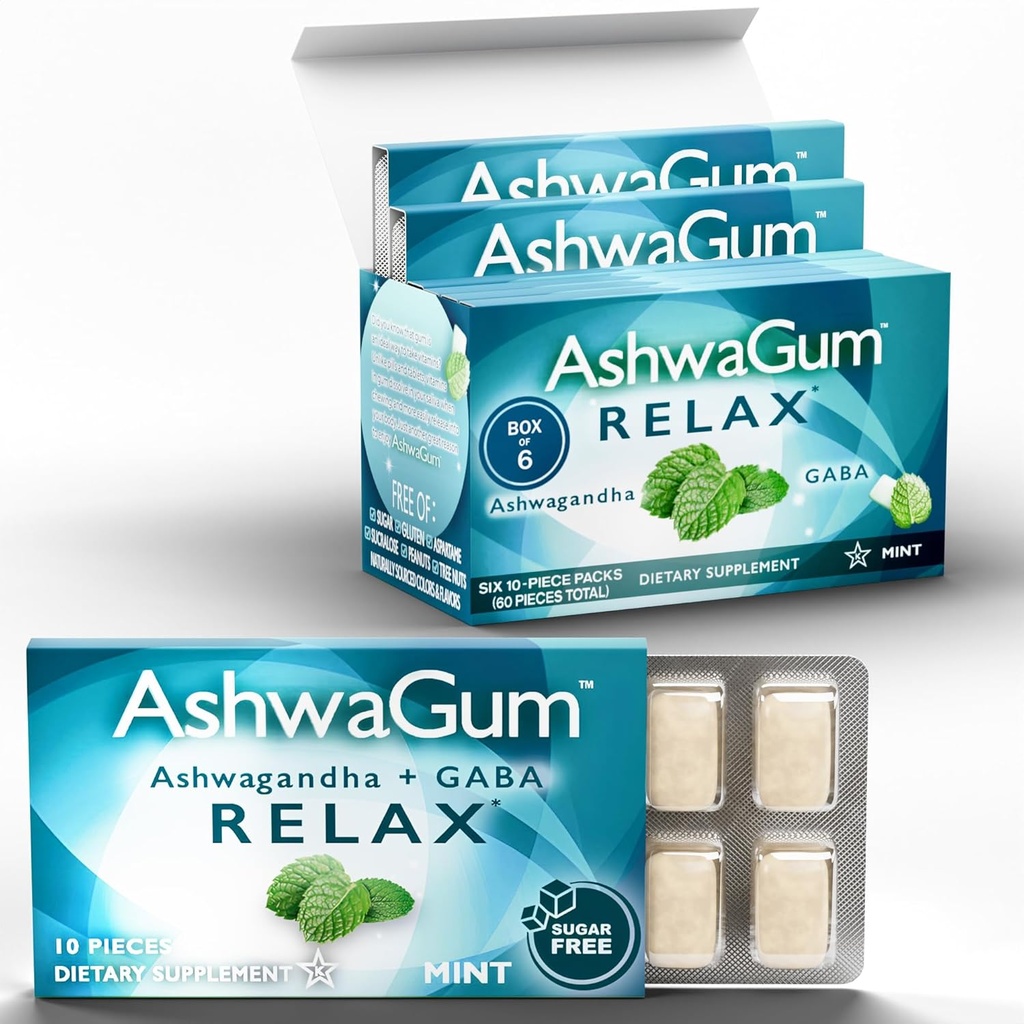 AshwaGum RELAX Gum by BetterGum, KSM 66 Ashwagandha 및 Gaba, 스트레스 및 불안 완화 지원, Cortisol 지원, Gummies, Sugar-Free, 10 조각 - 6 팩