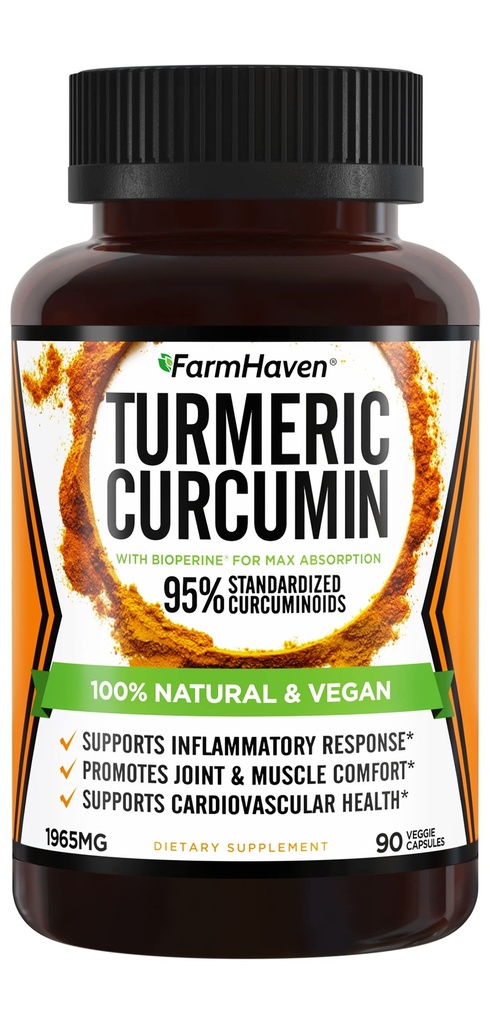 BioPerine Black Pepper & 95 % Curcuminoids, 1965mg, 공동 지원을위한 최대 흡수, 비 GMO Turmeric 캡슐, 미국에서 만든 - 90 Veg 캡
