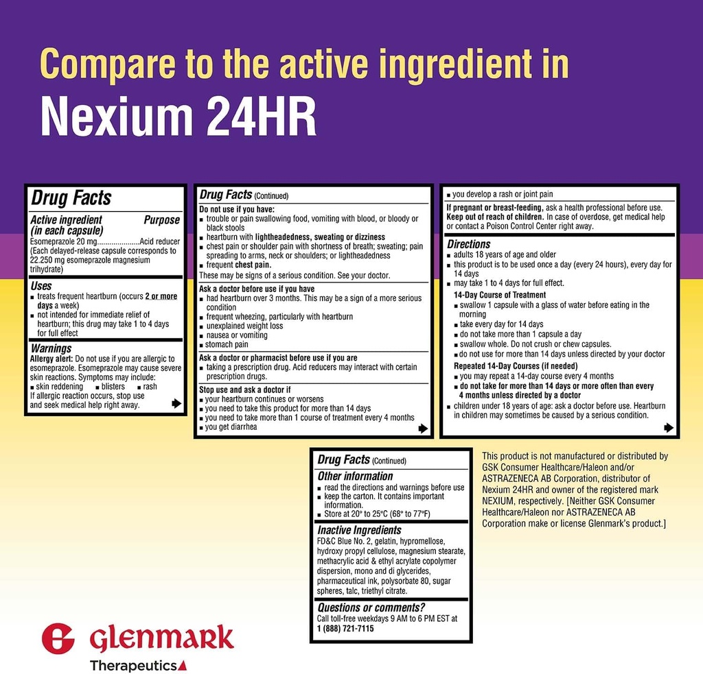 Glenmark Therapeutics Esomeprazole 마그네슘 USP 20mg의 지연된 방출 캡슐, 치료 Frequent Heartburn, 42의 캡슐