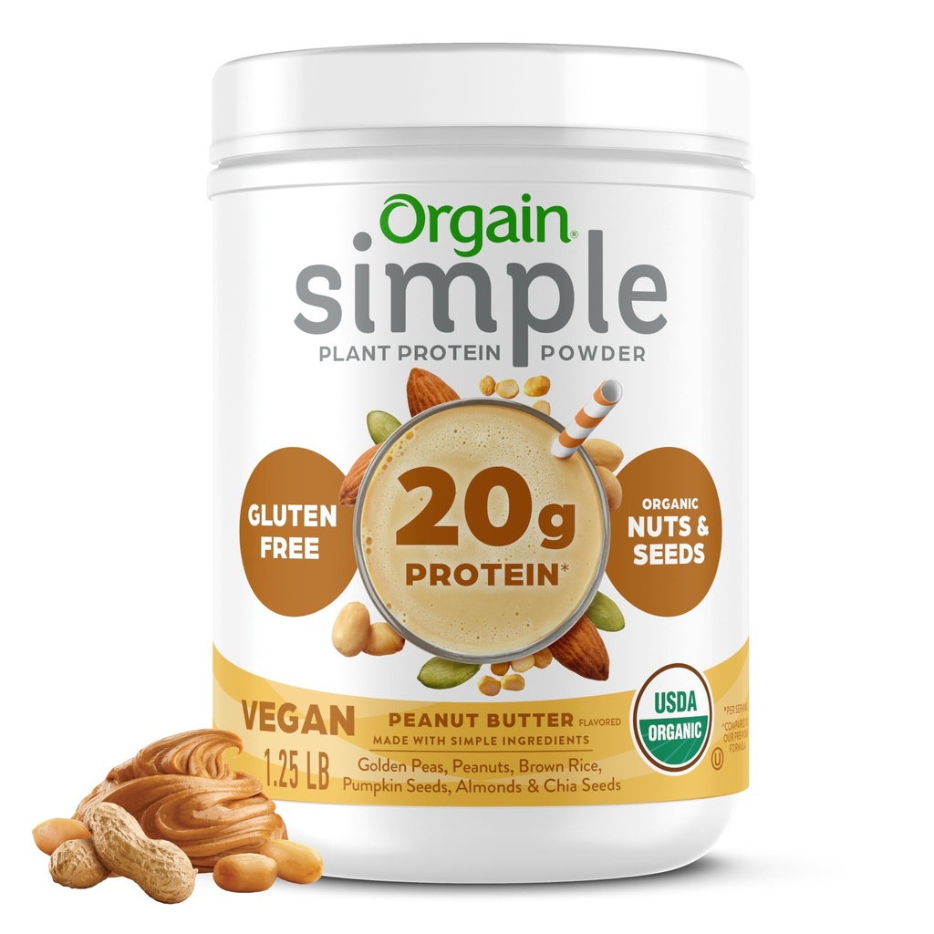 Orgain 유기 간단한 채식 단백질 분말, 땅콩 버터 - 20g 공장 기반 단백질, 적은 성분, 인공 감미료 없음, 글루텐 없음, 낙농 없음, 1.25 lb (5 월 채식)