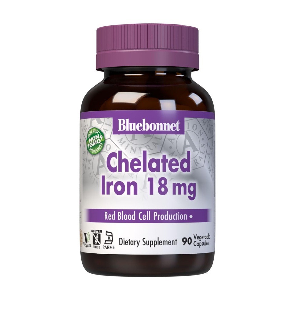 Bluebonnet 영양 킬레이트 철 18 mg - 비 대체 철 - Soy-Free, Gluten-Free, Non-GMO, Kosher 인증, Dairy-Free, Vegan - 90 야채 캡슐, 90 서빙