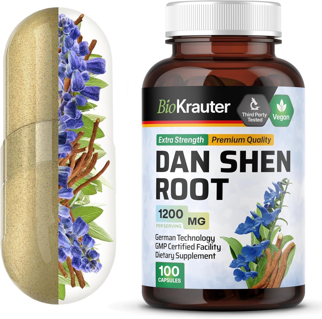 BIO KRAUTER 댄 Shen 뿌리 캡슐 - 1200 mg의 힘 - 100 빨간 하수구 모자 - 산화 방지제 소스 - Salvia Miltiorrhiza 뿌리 - Vegan