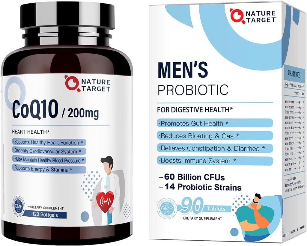 남성용 NATURE TARGET Probiotics 60 억 CFUs14 Strains & CoQ10 200mg Softgels 심장 건강 및 에너지 생산