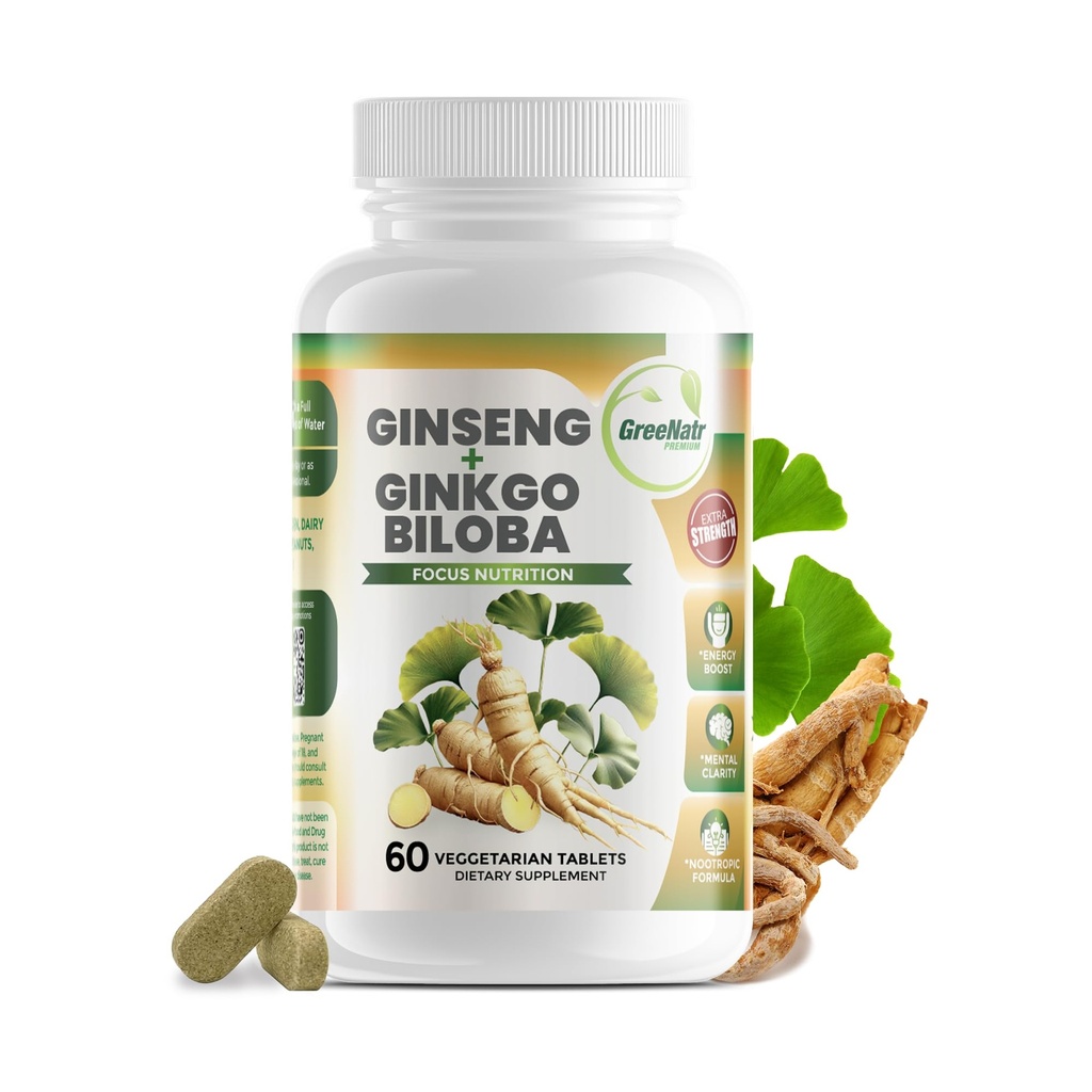 GreeNatr Ginko Biloba & Panax Ginseng 보충교재 - 기억과 초점을 위한 빨간 인삼 뇌 보충교재 - Ginkgo Biloba 좋은 시각, 면역 체계 및 개량한 혈액 교류를 위한 보충 교재 - 60의 정제