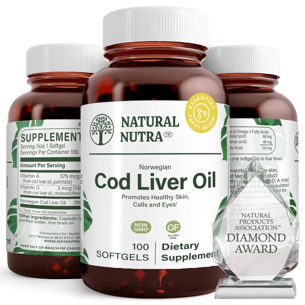 Natural Nutra Norwegian Cod Liver Oil Supplement는 피부 유지, 몸 밀도 유지, 눈 건강 & Nerve 기능, 치과 건강을 촉진, 심장 혈관 건강 지원, 100 Softgels