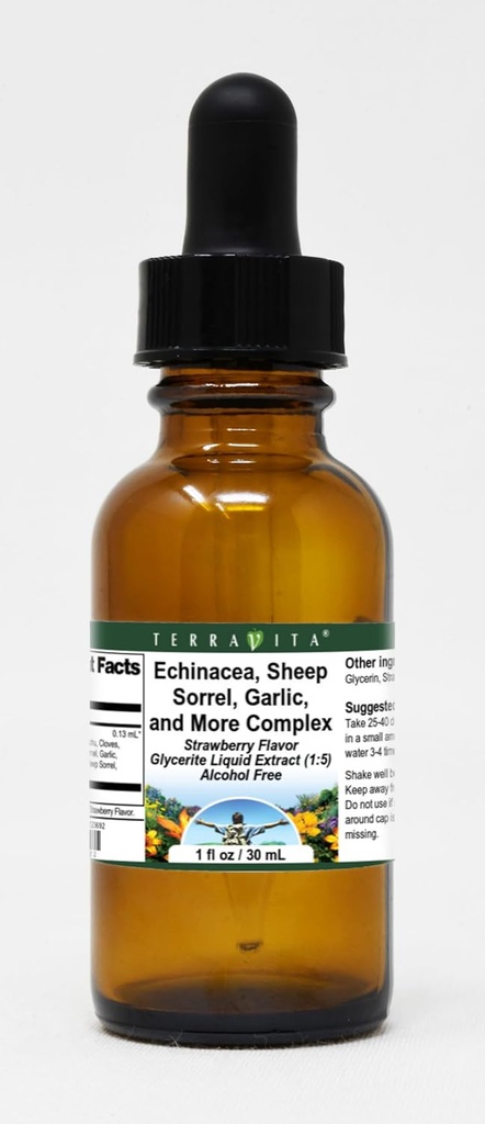 Terravita Echinacea, Sheep Sorrel, 마늘 및 더 복잡한 글리세라이드 액체 추출물 (1:5) - 딸기 맛 (1 oz, ZIN : 523692)
