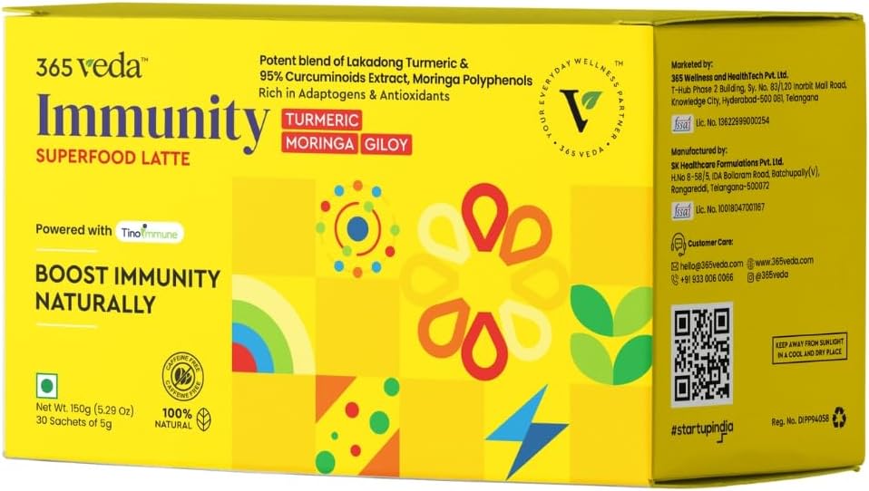 Moringa & Giloy, Turmeric, 100 % 천연 성분 인 Immunity Boost Latte는 Digestion, Gluten Free On-The-Go Sachets (30 카운트)를 향상시킵니다.