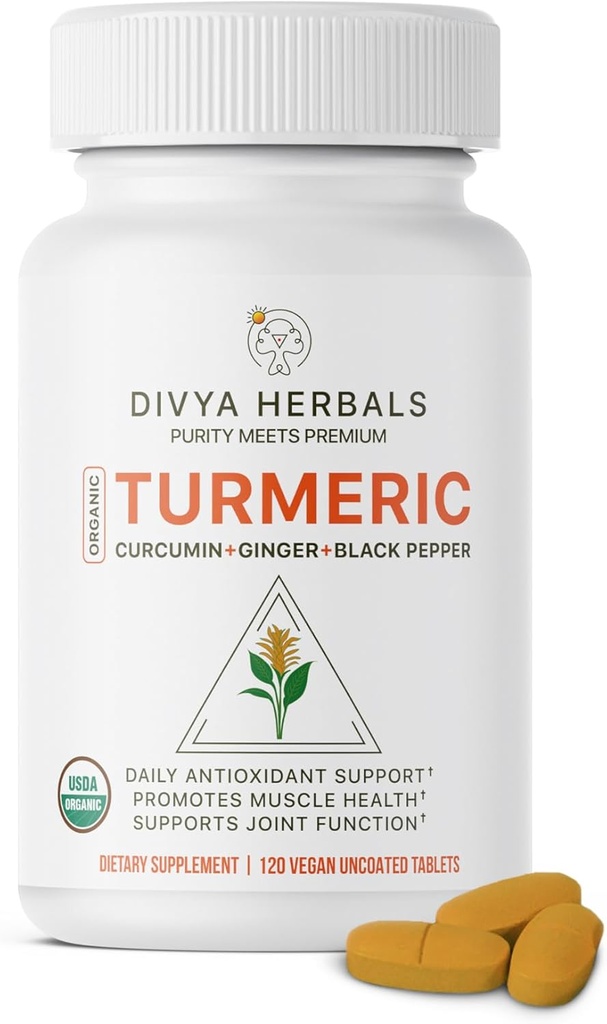 유기농 심황 및 생강 + 블랙퍼 - 100 % 순수 전체 뿌리, Unprocessed, Uncoated, Authentic Ayurvedic Blend - 관절 건강 및 면역력을 지원 - 120 Vegan Tabs