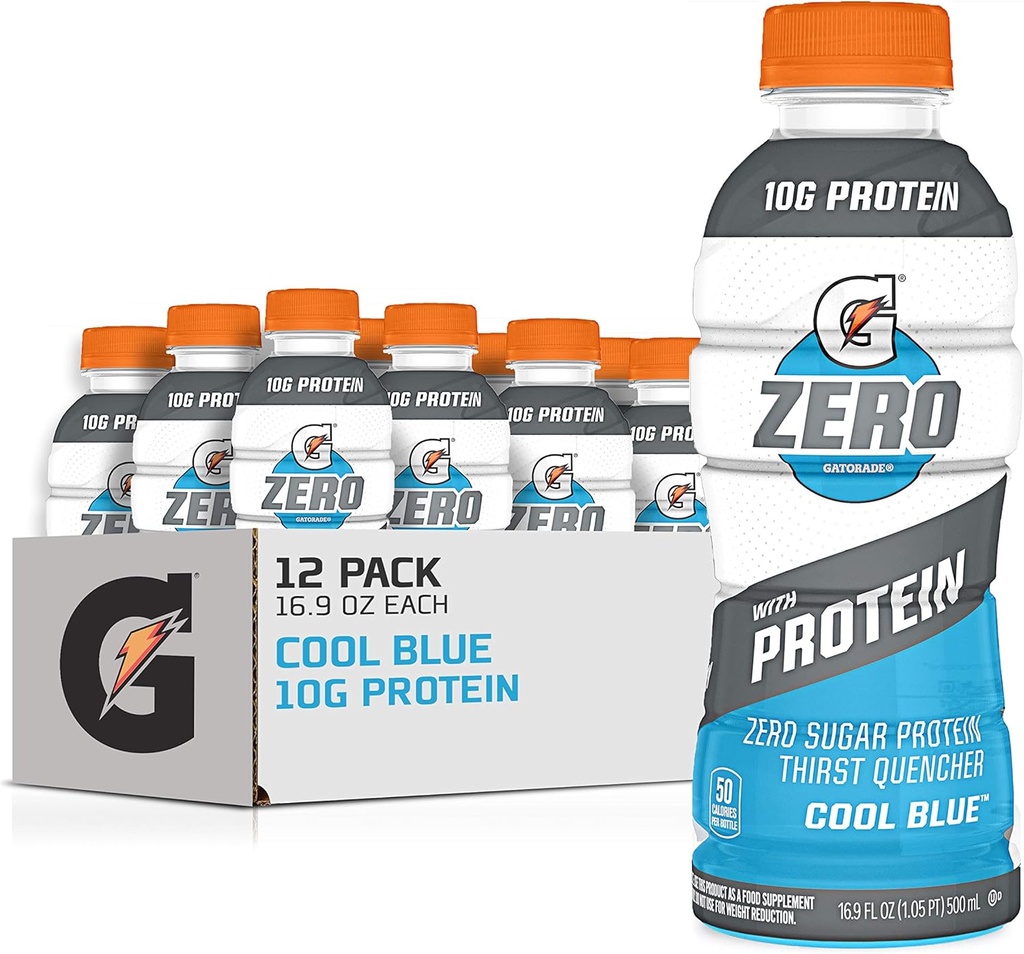 Gatorade Zero with Protein, 10g Whey Protein Isolate, Zero Sugar, 채식, 액체 전해질, 차가운 파란색, 16.9 Fl Oz 병, 12 팩