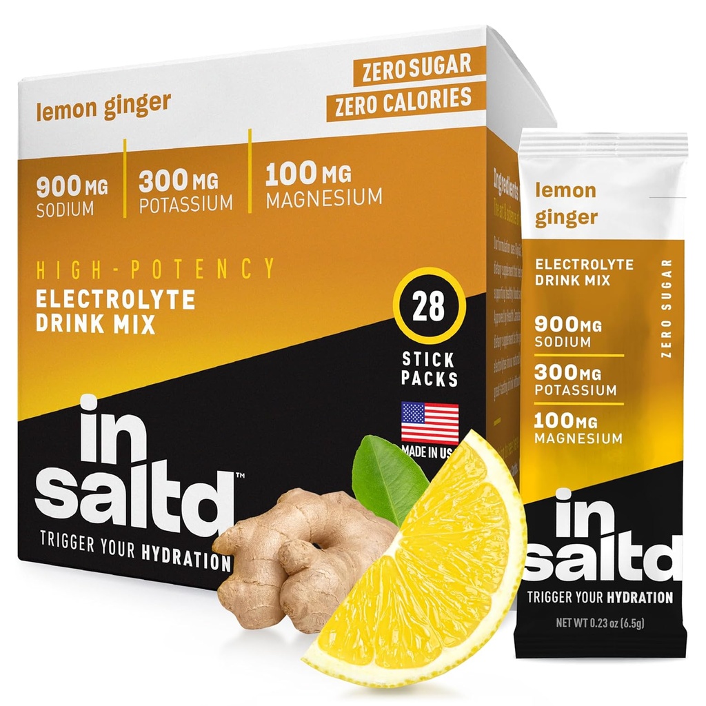 INSALTDTM Sugar-Free Electrolytes Powder Packets with No Stevia Aftertaste | High-Potency Hydration Packets | Keto Electrolyte 음료 | Intermittent Fasting Drink Mix | 28 팩 (레몬 생강)