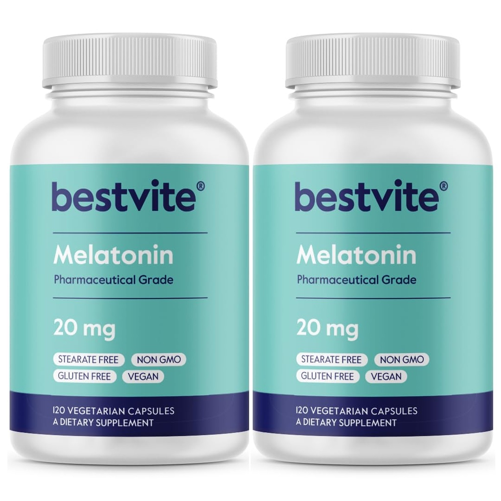 BESTVITE Melatonin 20mg (240 채식 캡슐) (120 x 2) - Stearates 없음 - Vegan - 비 GMO - 글루텐 무료