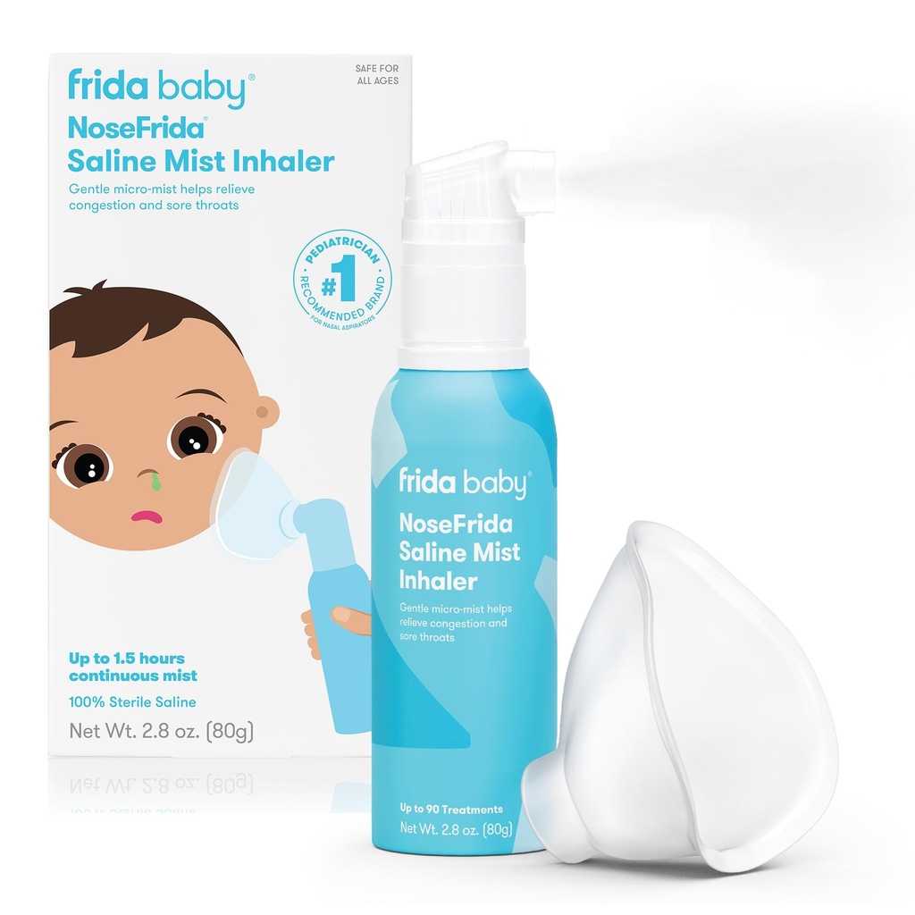 Frida Baby NoseFrida Saline Mist Nasal Inhaler, 임신 및 아기를위한 알레르기 완화를위한 Decongestant 스프레이 + 어린이, Nasal Saline 스프레이, Soothes Stuffy Nose & Sore Throat, 마스크 포함