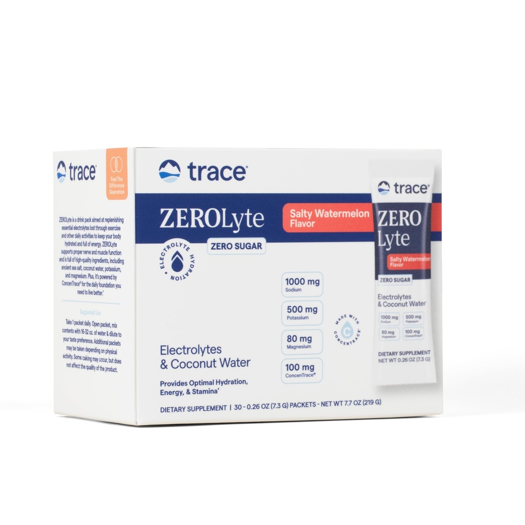 Trace Minerals ZeroLyte - 나트륨 및 전자 보충 - 에너지 및 수분 지원 음료 분말 - Nerve & 근육 기능 지원 - Salty Watermelon, 30 Packets (30 서빙)