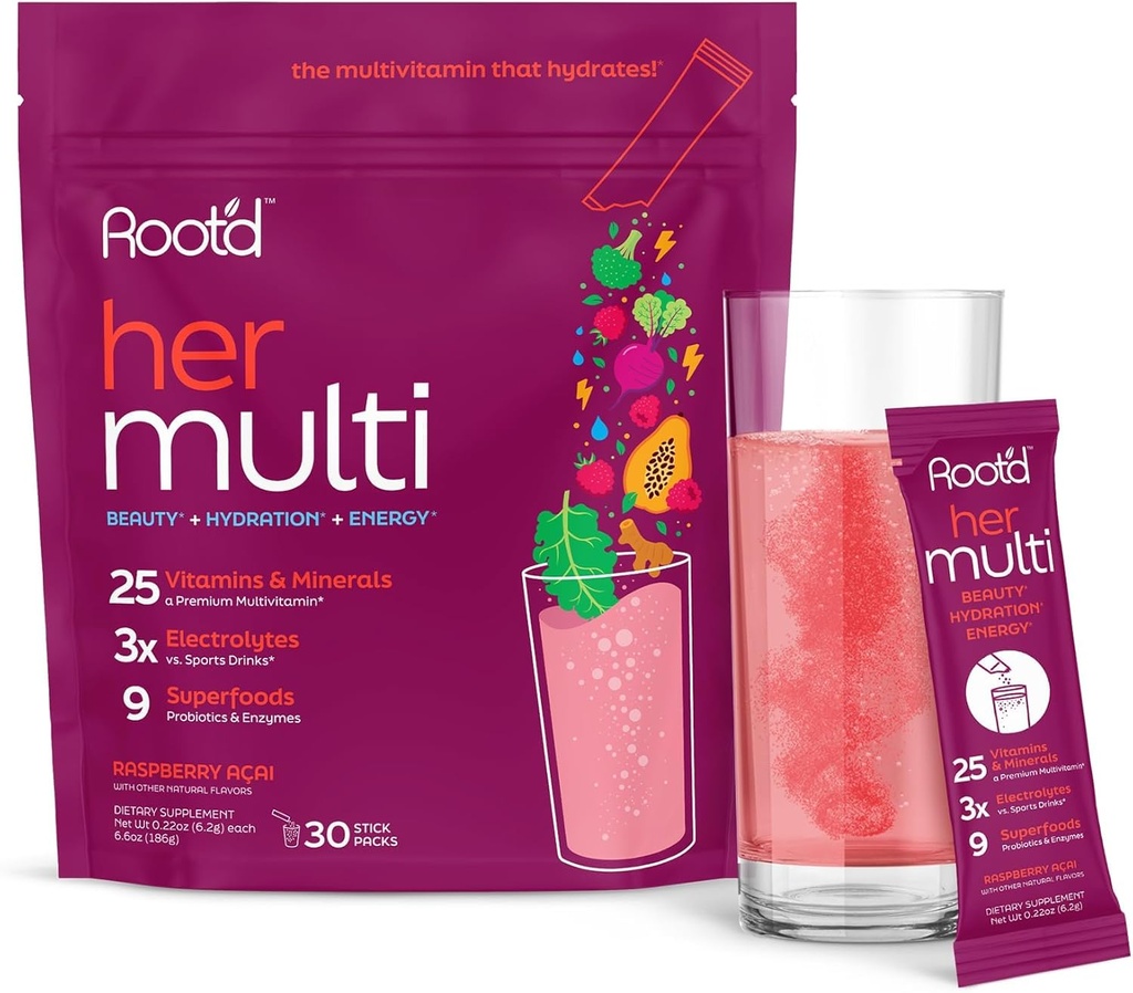 여성을 위한 뿌리 다비타민 분말 - 3X Electrolytes, 9 유기 Superfoods, Probiotics & 효소, 설탕 자유로운 Multivitamin & Hydration를 가진 25의 비타민 & 무기물 | 30의 비타민 음료 혼합 소포