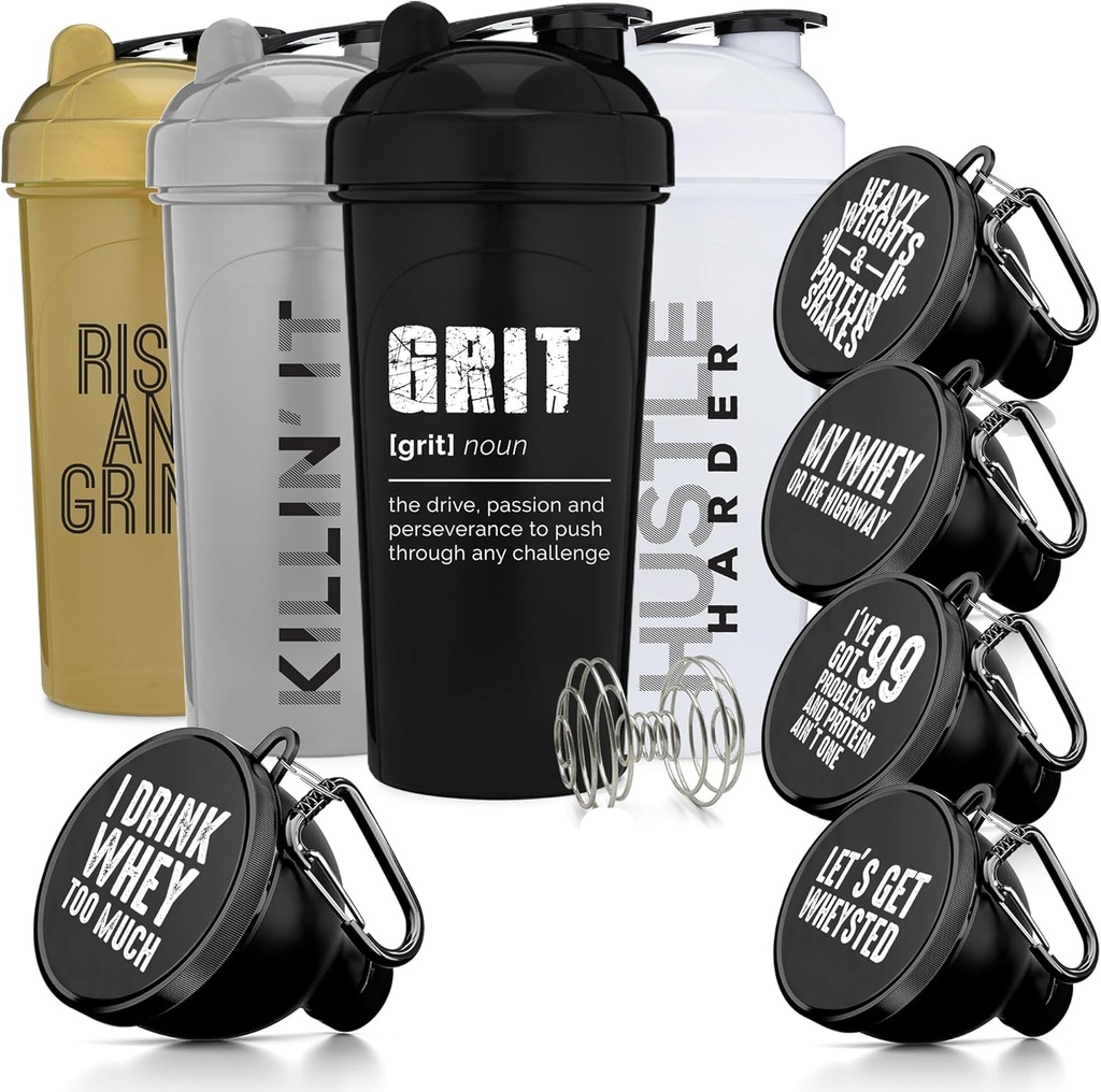 GOMOYO Fitness Bundle - 4 팩 셰이커 병은 Carabiner, BPA-Free 및 Dishwasher Safe와 5-Pack Protein Funnels