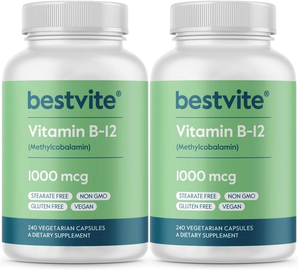 BESTVITE 비타민 B12 (Methylcobalamin) 1000mcg (480 채식 캡슐) (2 x 240) (Methyl B12) - Stearates 없음 - Vegan - Non GMO - 글루텐 무료