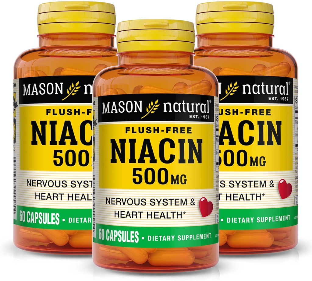 MASON NATURAL Niacin 500 mg 홍조 자유로운, 지원 심장 건강, 신경 체계 & 에너지 생산, 60의 캡슐, 3의 팩