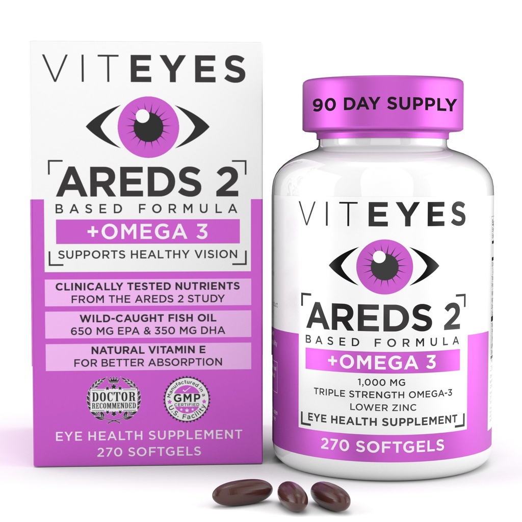 Viteyes는 심장 건강 & 눈 건강, 눈 비타민, 시각 보충교재, 270 Softgels를 위한 2 + Omega-3 Macular 지원 Softgels, 더하기 세 배 힘 Omega-3 (650 mg EPA, 350 mg DHA)를 위한 2개 + Omega-3 Macular 지원 Softgels,