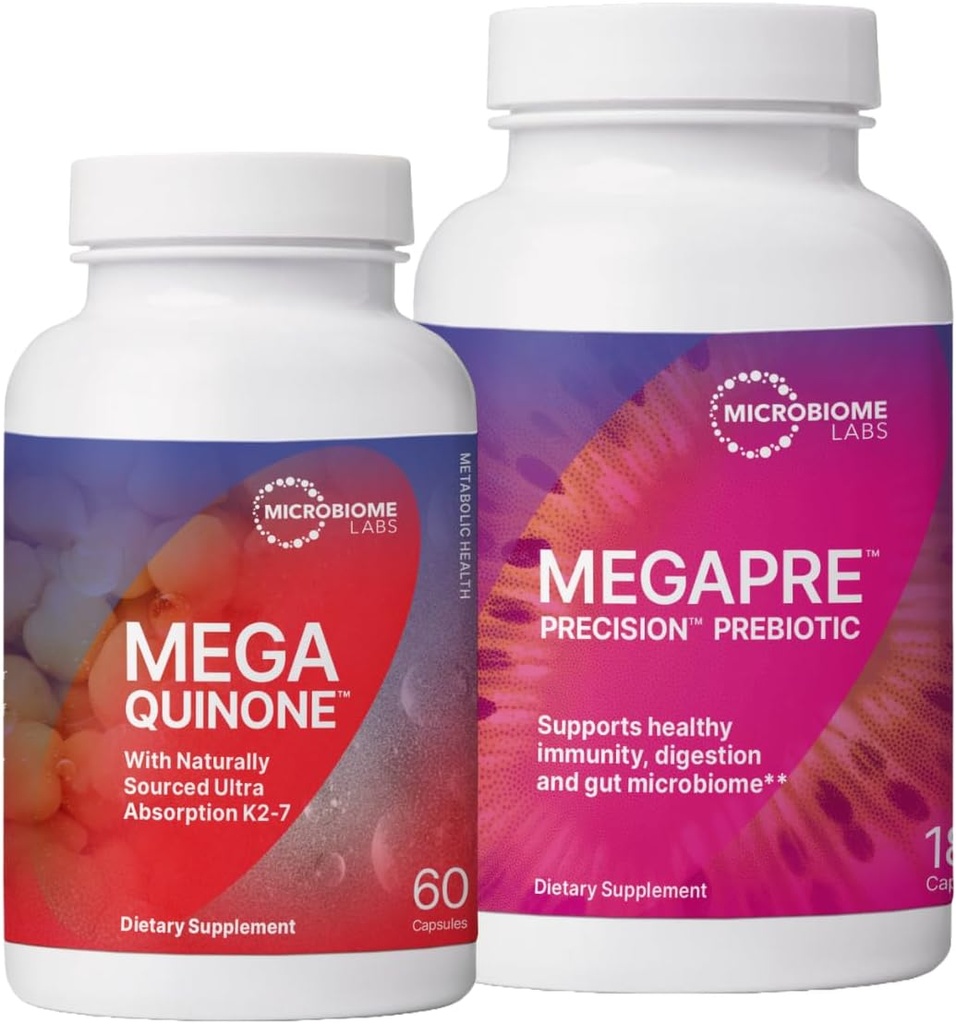 Microbiome Labs MegaPrebiotic to Support Digestion & Gut Barrier (180 캡슐) + MegaQuinone K2-7 Complete Vitamin K Supplement with Magnesium, 아연 (60 캡슐) - 2 제품 번들