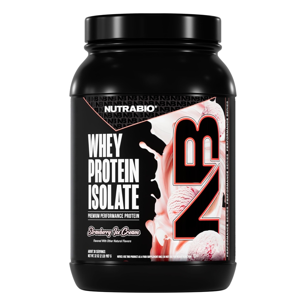 NutraBio 100 % Whey Protein Isolate Protein Powder, 25g Protein with Complete Amino Acid Profile, Non-GMO, Soy & Gluten 무료, 낮은 Carb, 낮은 Calorie Whey Protein Powder, Strawberry Ice Cream, 2 Lbs
