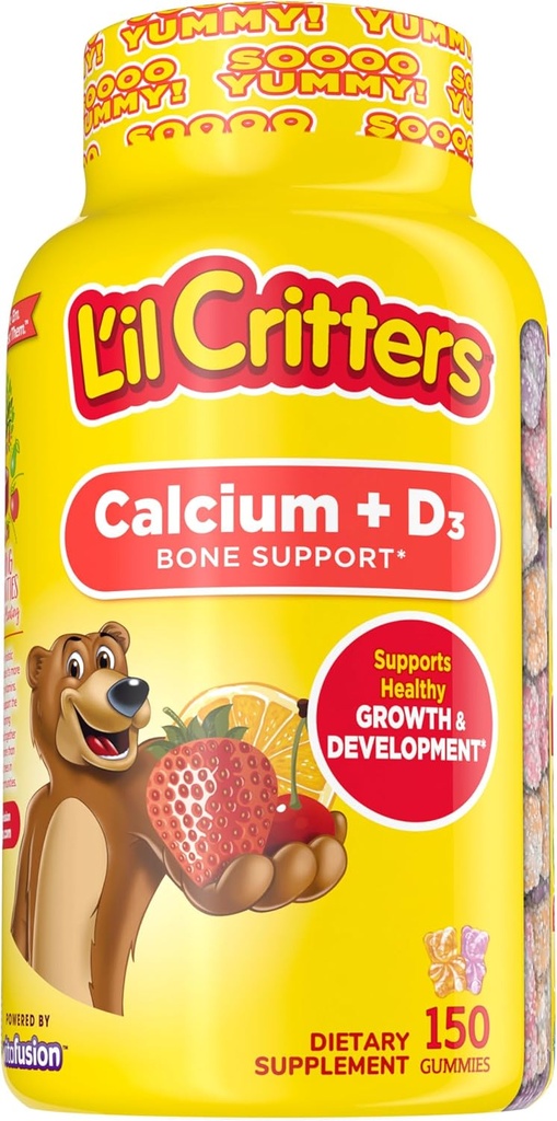 L'il Critters 칼슘 + D3 아이들을위한 매일 거미 보충, 뼈 지원, 오렌지, 딸기 및 벚꽃 맛, 150 구미