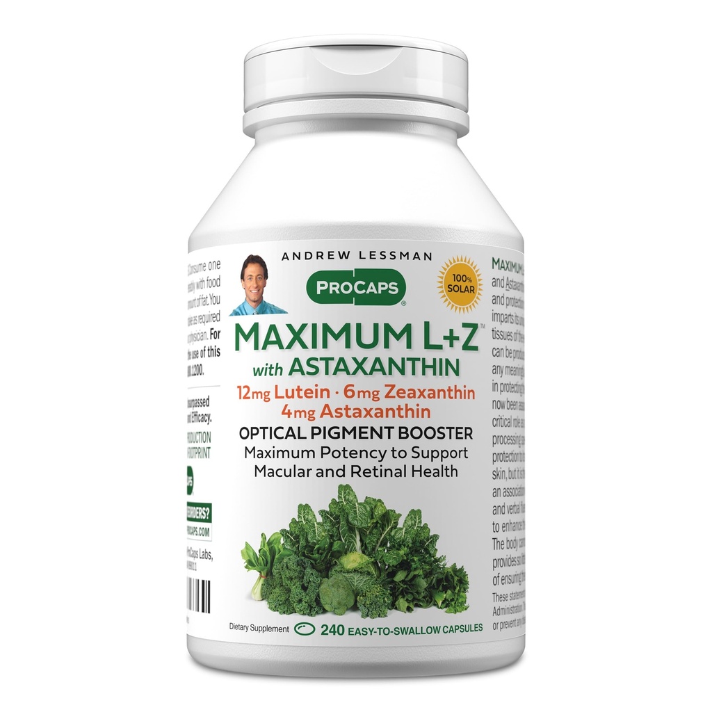 ANDREW LESSMAN 최대 L + Z Astaxanthin 240 Softgels - 12mg Lutein, 6mg Zeaxanthin, 4mg Astaxanthin. 눈과 뇌 건강을 지원하고 건강한 비전을 촉진하는 중요한 영양소.