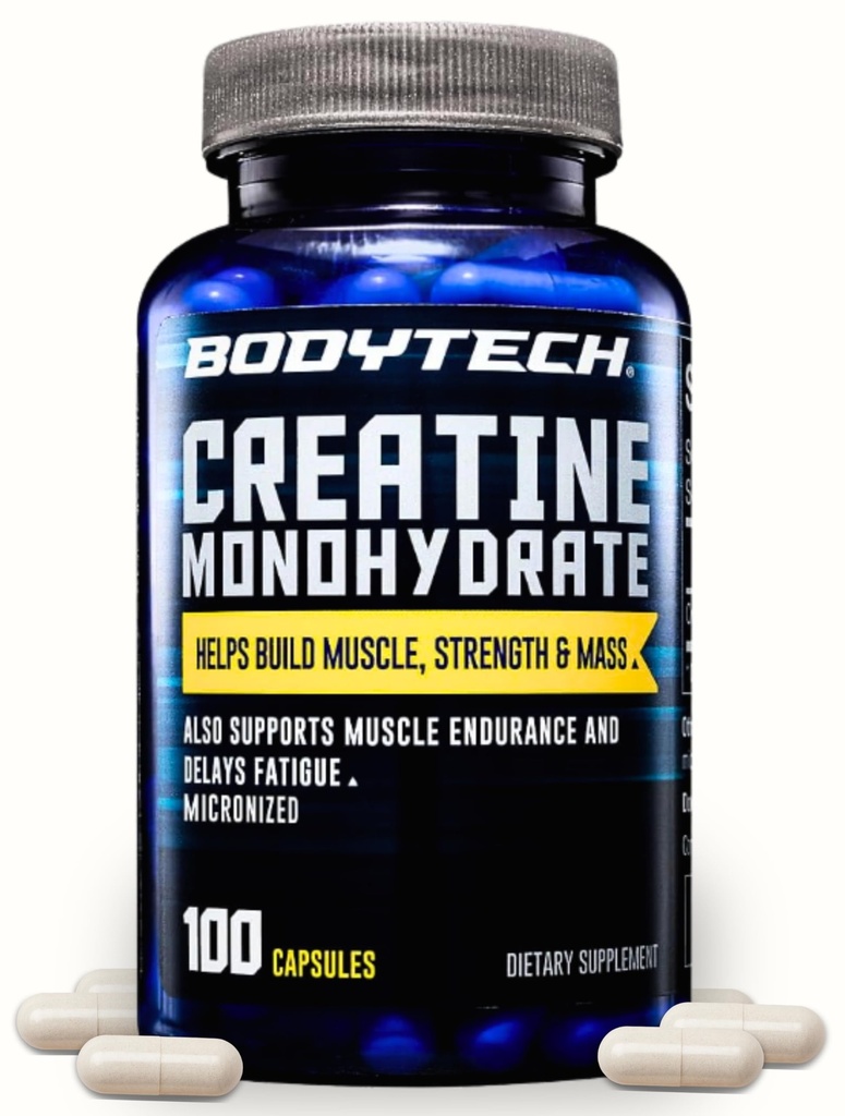 BODYTECH 크레아틴 Monohydrate는 지원 근육 힘, 질량 및 내구시간 (100의 캡슐)를 Micronized