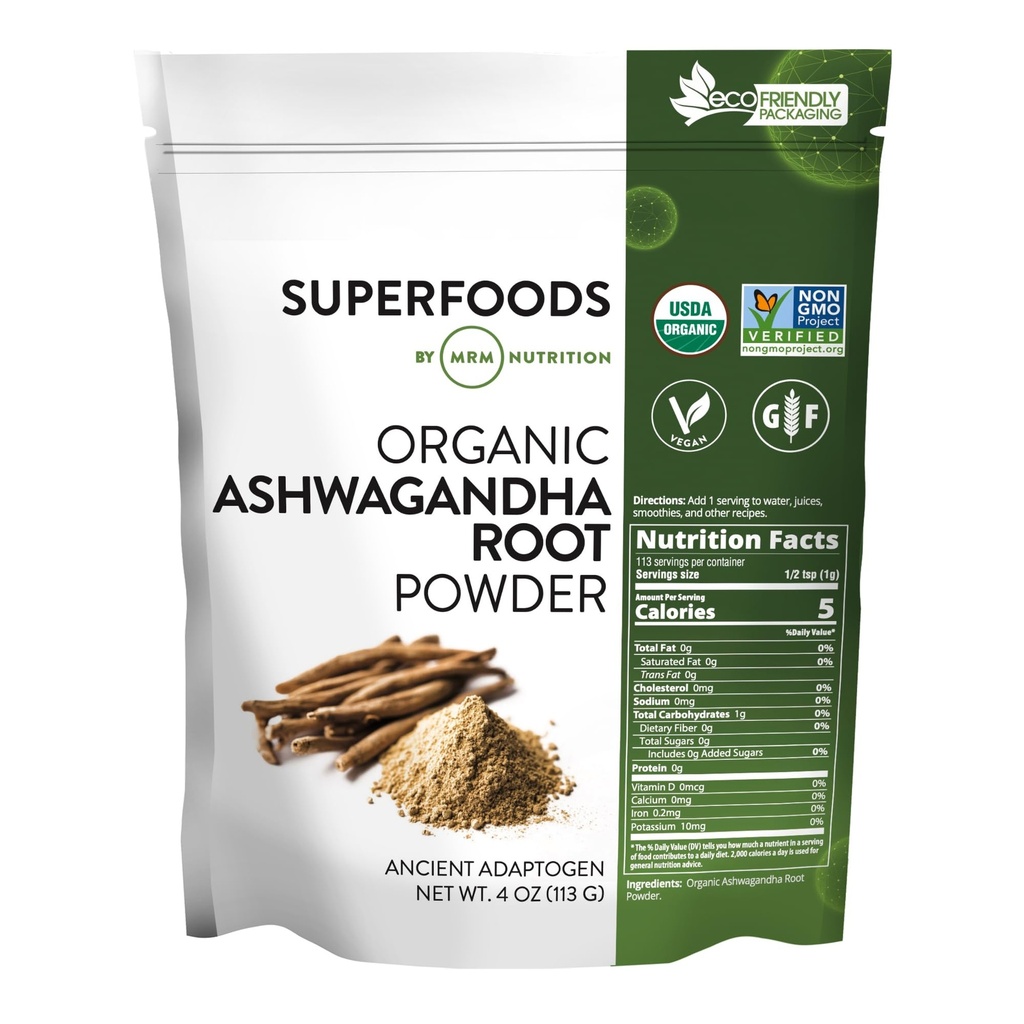 MRM 영양 유기 Ashwagandha 뿌리 분말 | 슈퍼 푸드 | 고대 아세제 | 산화 방지제 | Vegan + 글루텐 프리 | 113 서빙